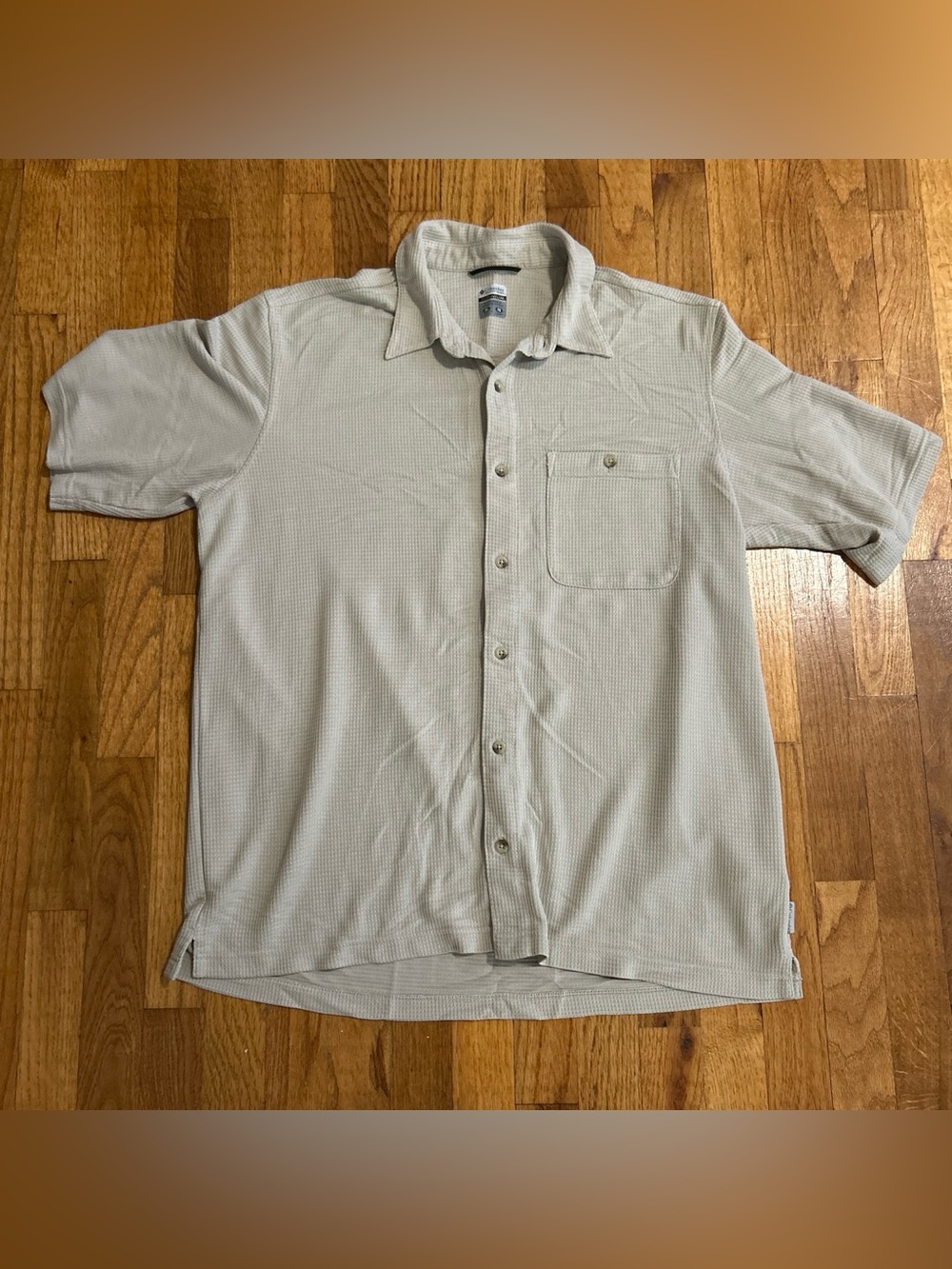 Columbia Titanium Waffle Grid Knit Short Sleeve Button Down Shirt Tan Men's XL